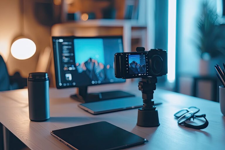 Tech Vlogger's Minimalist Workspace: Reviewing a Gadget Under Soft Ambient Lights